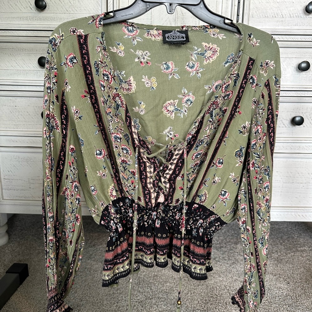Angie Green Long Sleeve Tie Front Blouse